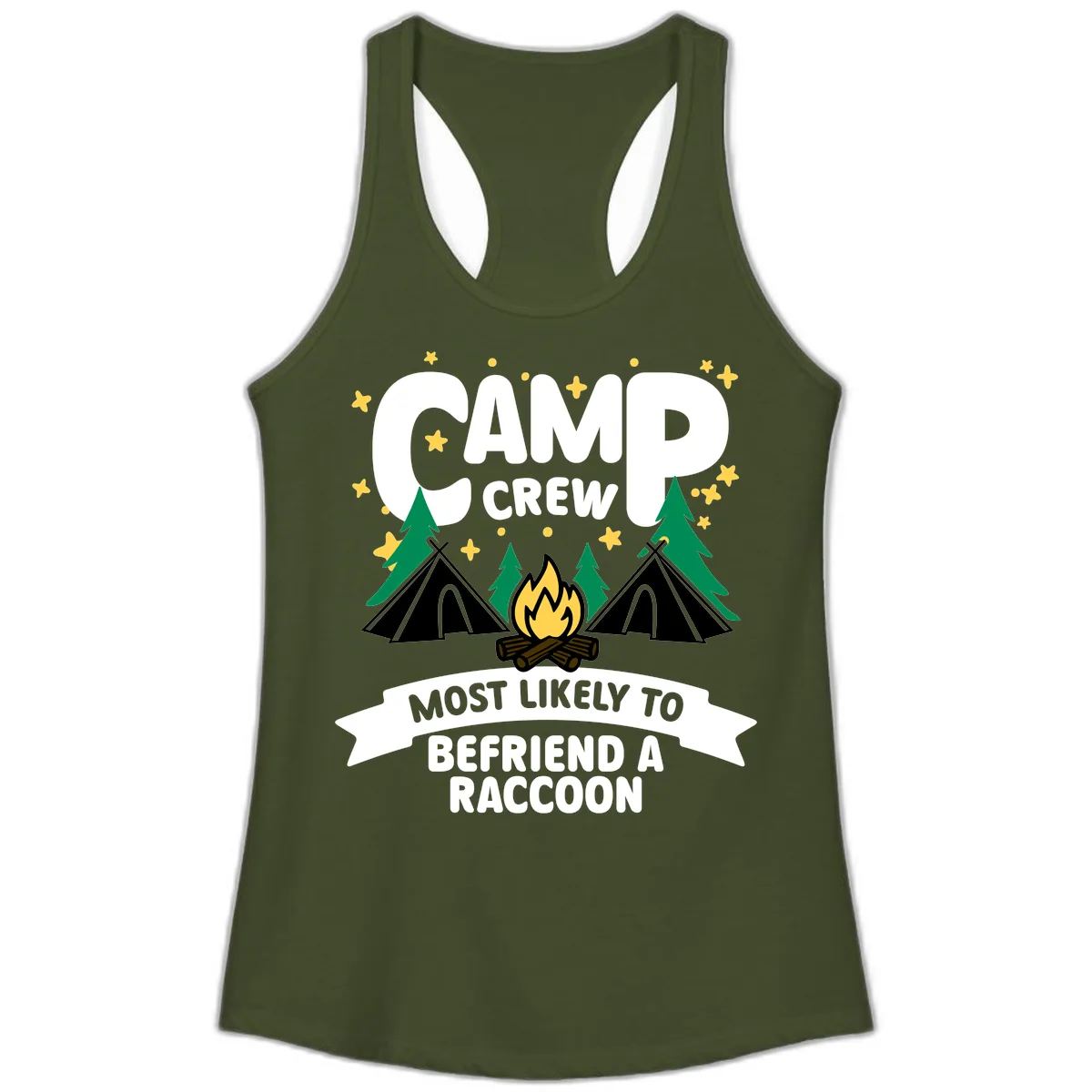Camp Crew Most Likely Raccoon Ladies Tank in Solid Military Green