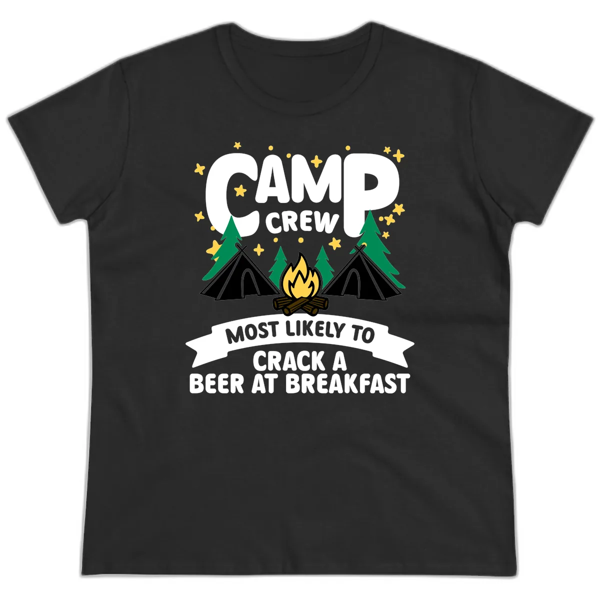 Camp Crew Beer At Breakfast Ladies Tee in Black