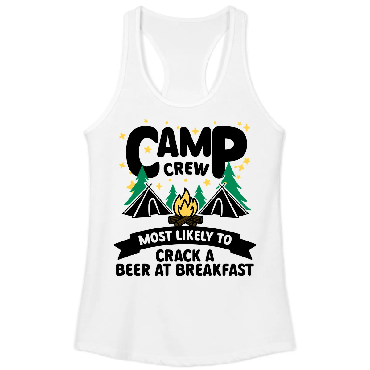 Camp Crew Beer At Breakfast Ladies Tank in White
