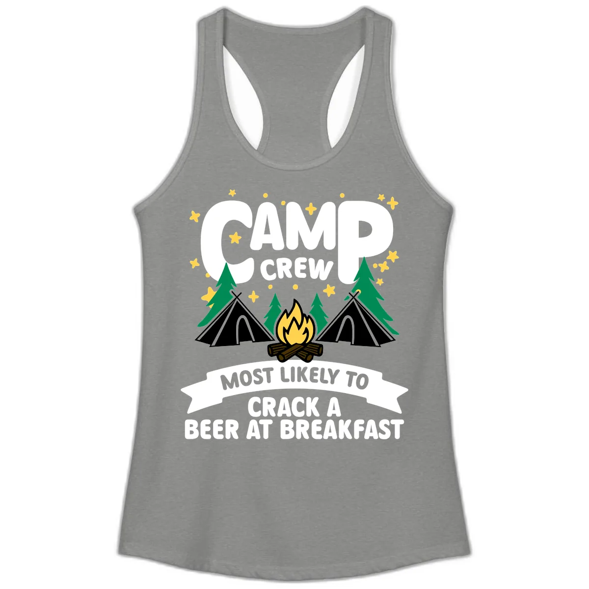 Camp Crew Beer At Breakfast Ladies Tank in Heather Grey