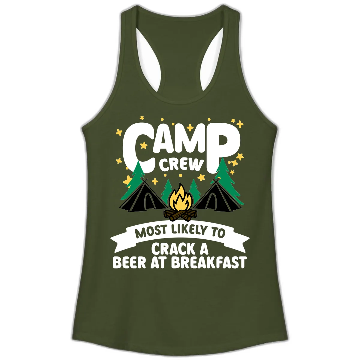 Camp Crew Beer At Breakfast Ladies Tank in Solid Military Green
