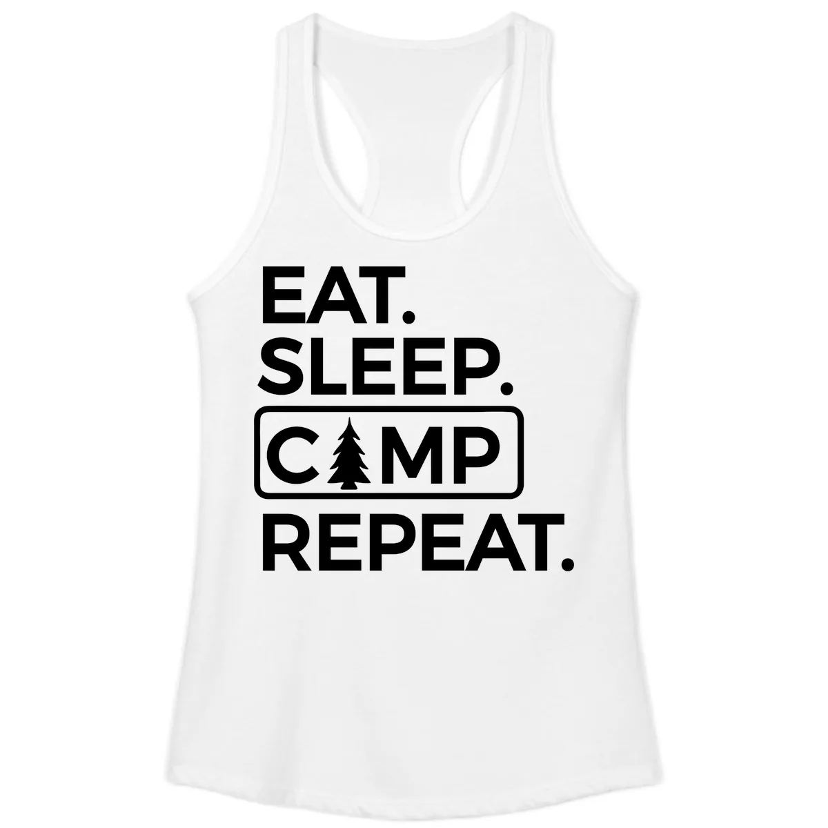 Eat Sleep Camp Repeat Ladies Tank in White