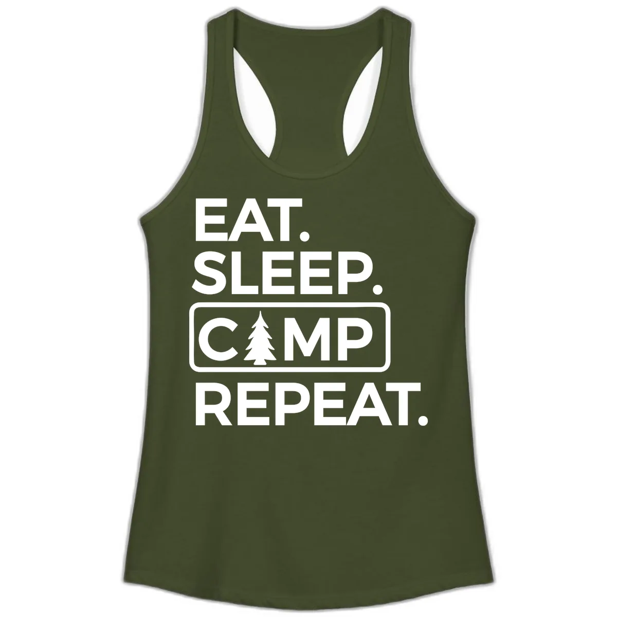 Eat Sleep Camp Repeat Ladies Tank in Solid Military Green