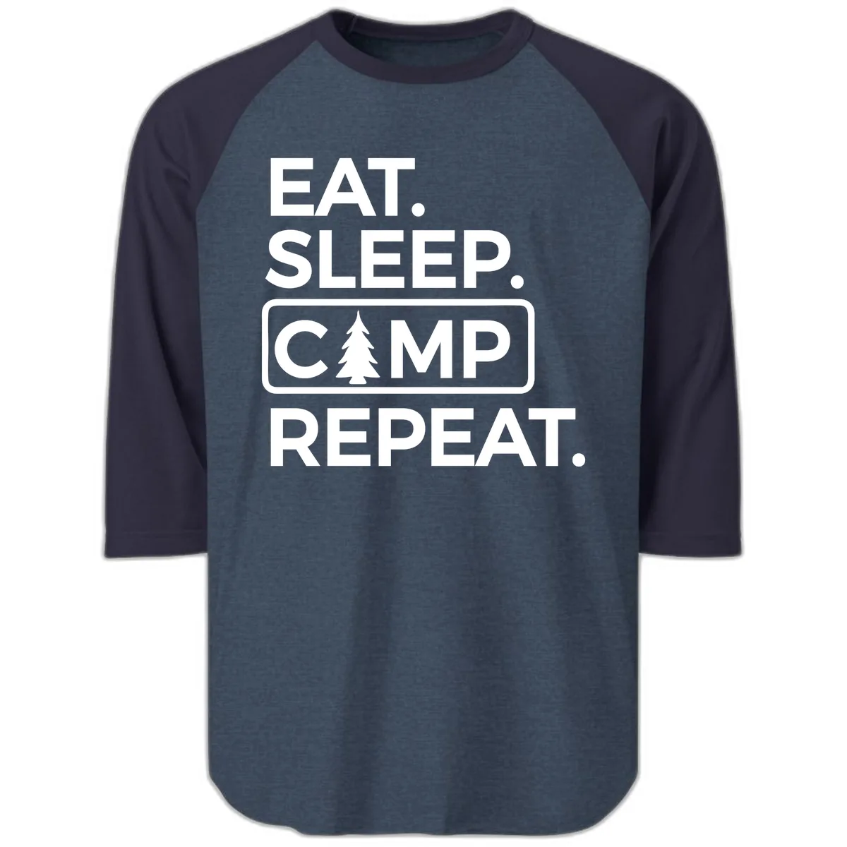 Eat Sleep Camp Repeat Raglan 3/4 in Heather Denim Navy