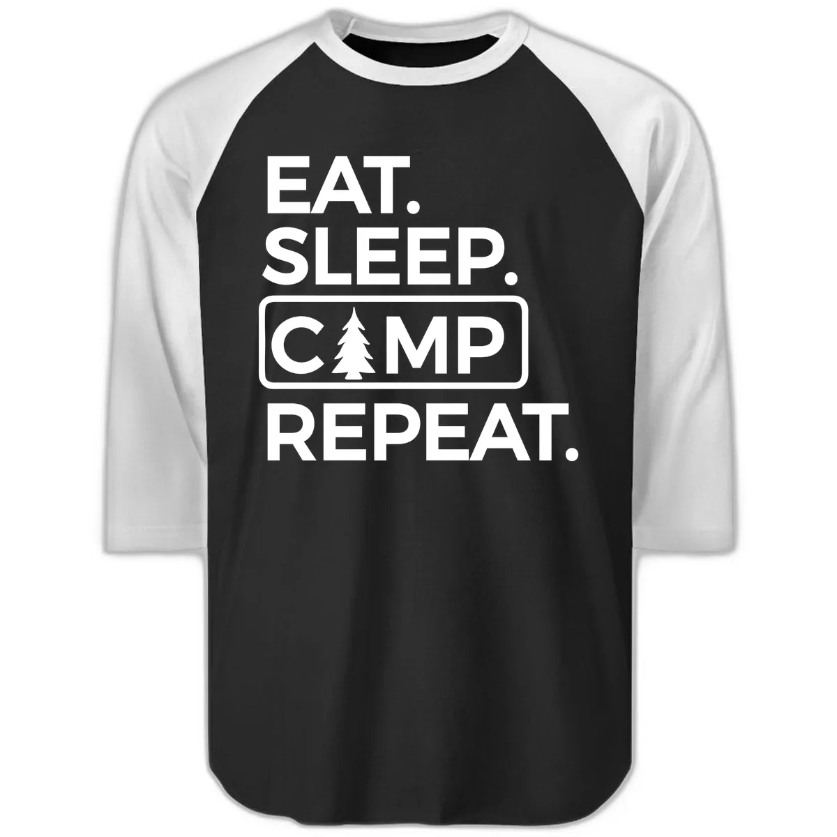 Eat Sleep Camp Repeat Raglan 3/4 in Black White