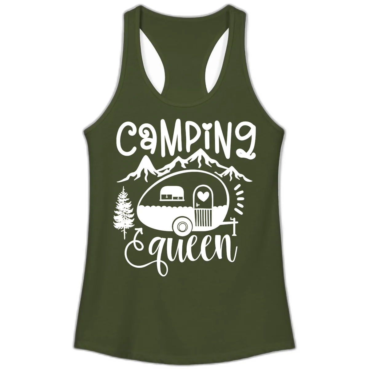 Camping Queen Retro Airstream Ladies Tank in Solid Military Green