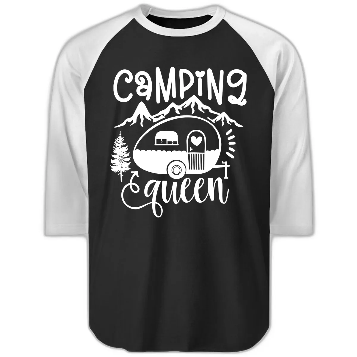 Camping Queen Retro Airstream Raglan 3/4 in Black White