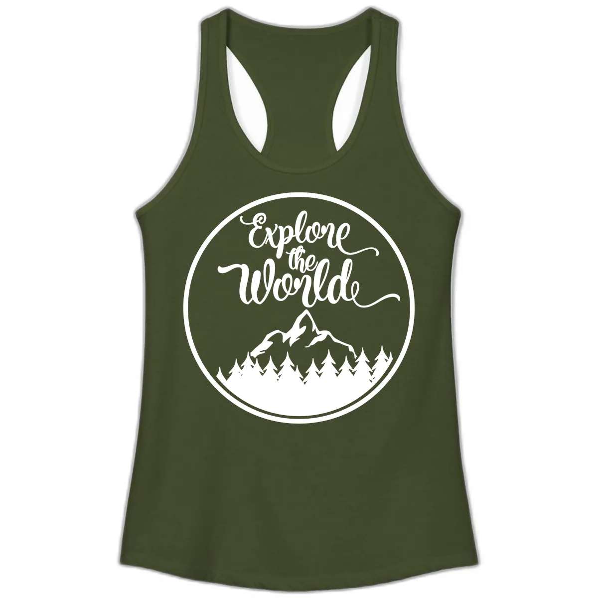 Explore The World Mountain Forest Ladies Tank in Solid Military Green