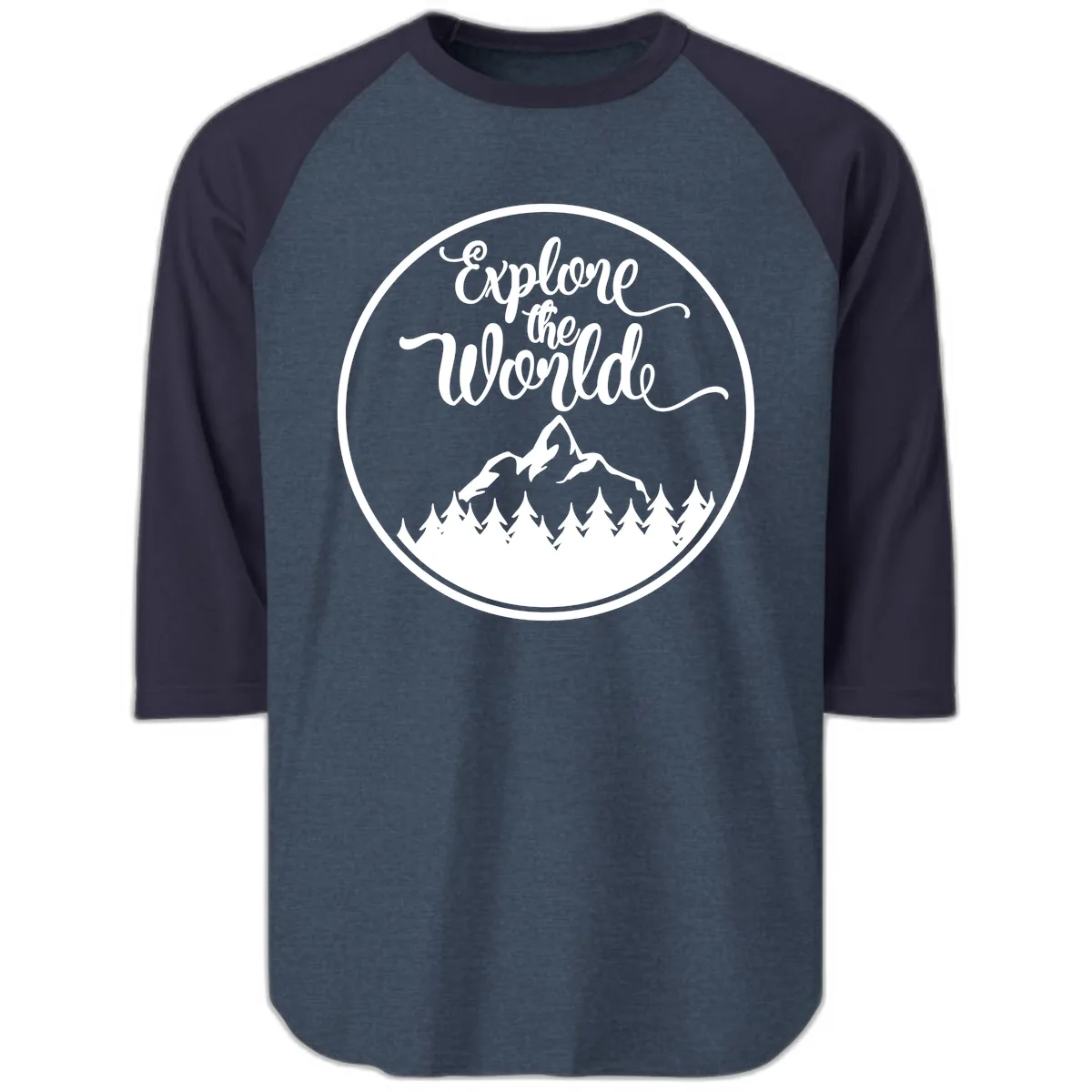 Explore The World Mountain Forest Raglan 3/4 in Heather Denim Navy