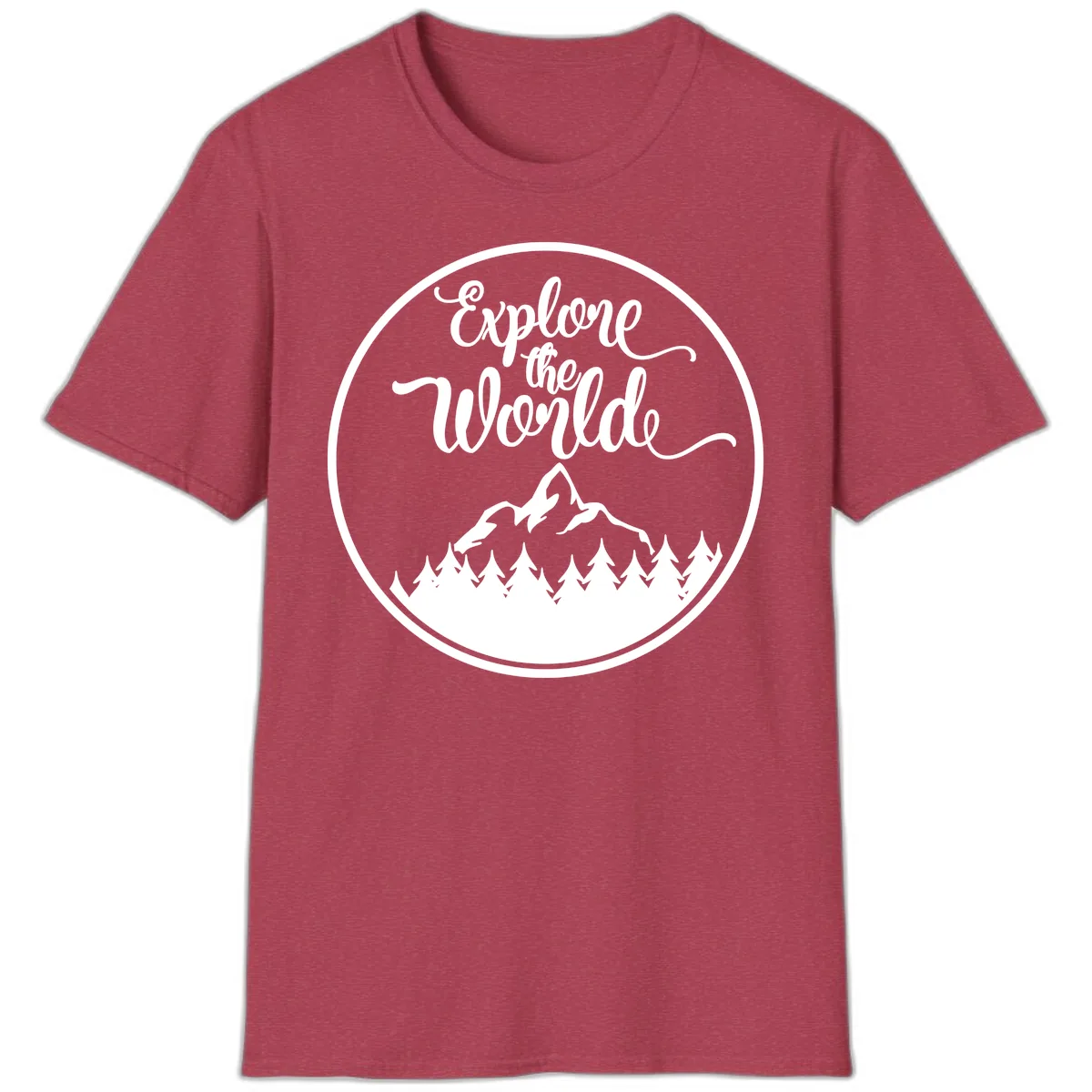 Explore The World Mountain Forest T-Shirt in Heather Cardinal