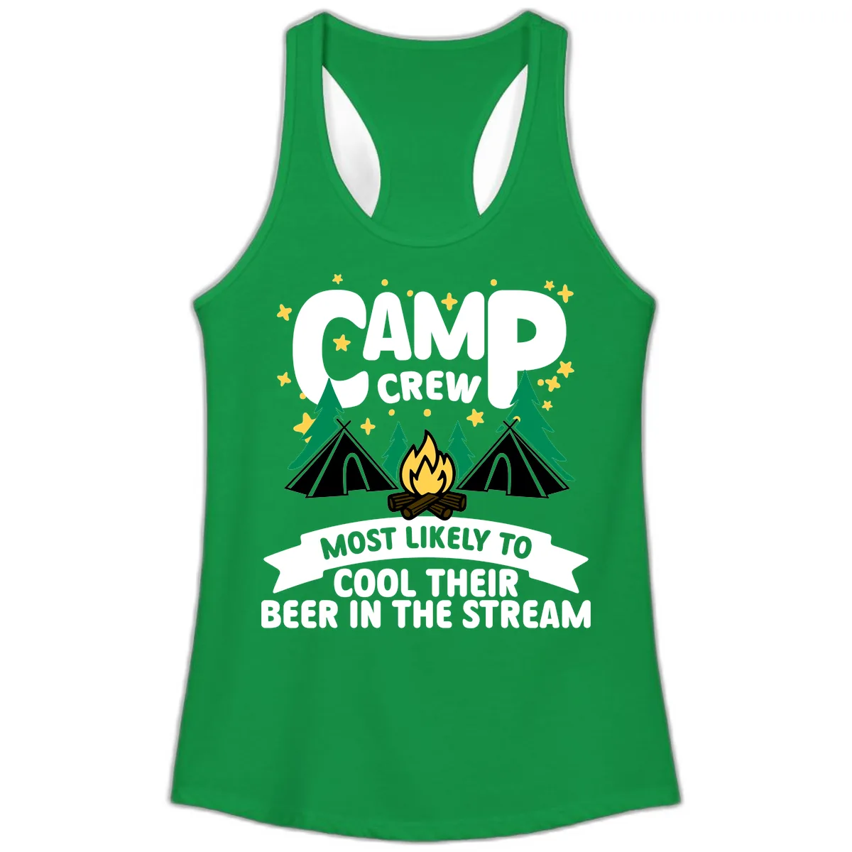 Camp Crew Cool Beer Stream Ladies Tank in Solid Kelly Green