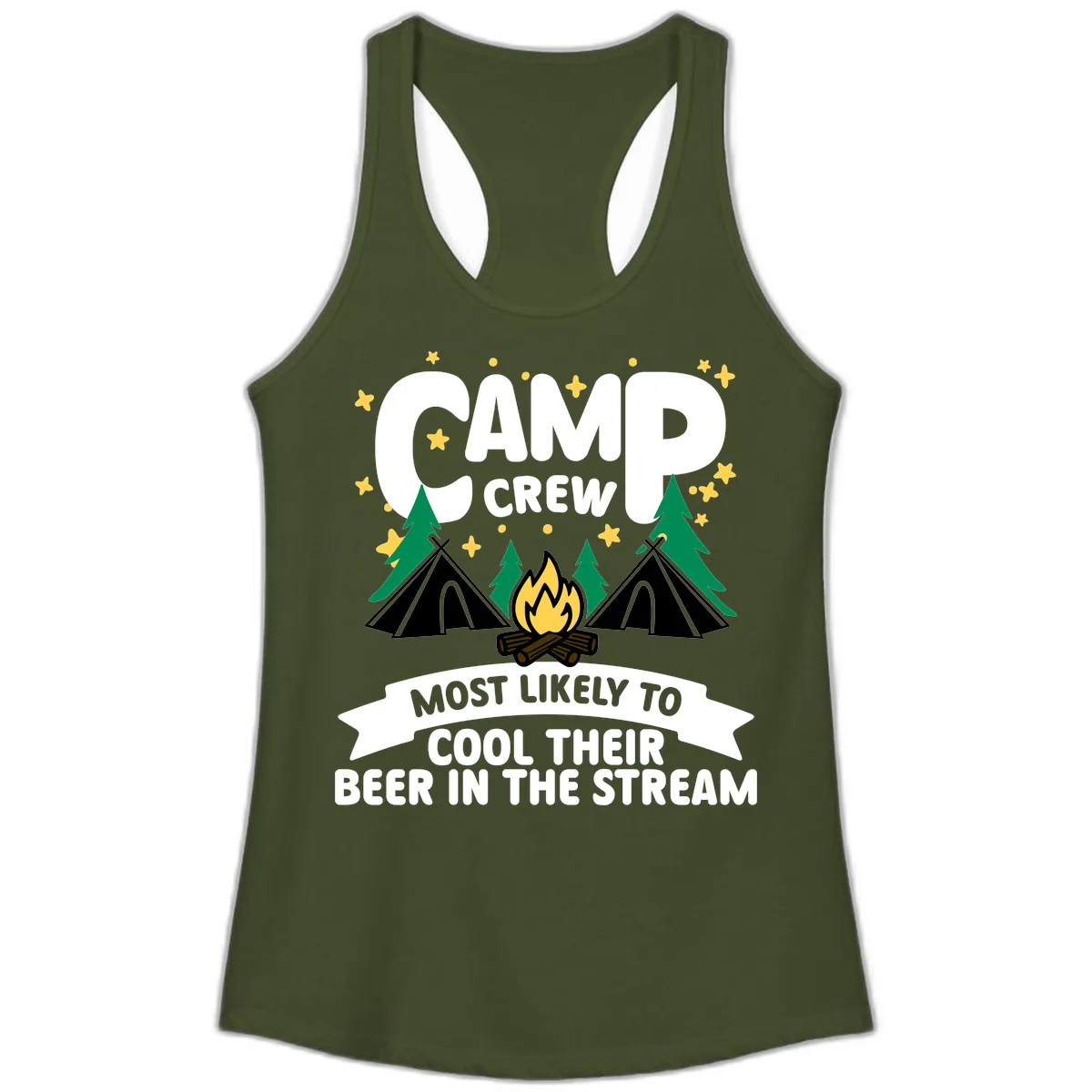 Camp Crew Cool Beer Stream Ladies Tank in Solid Military Green