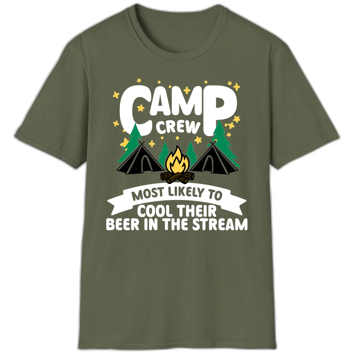 Camp Crew Cool Beer Stream T-Shirt in Military Green