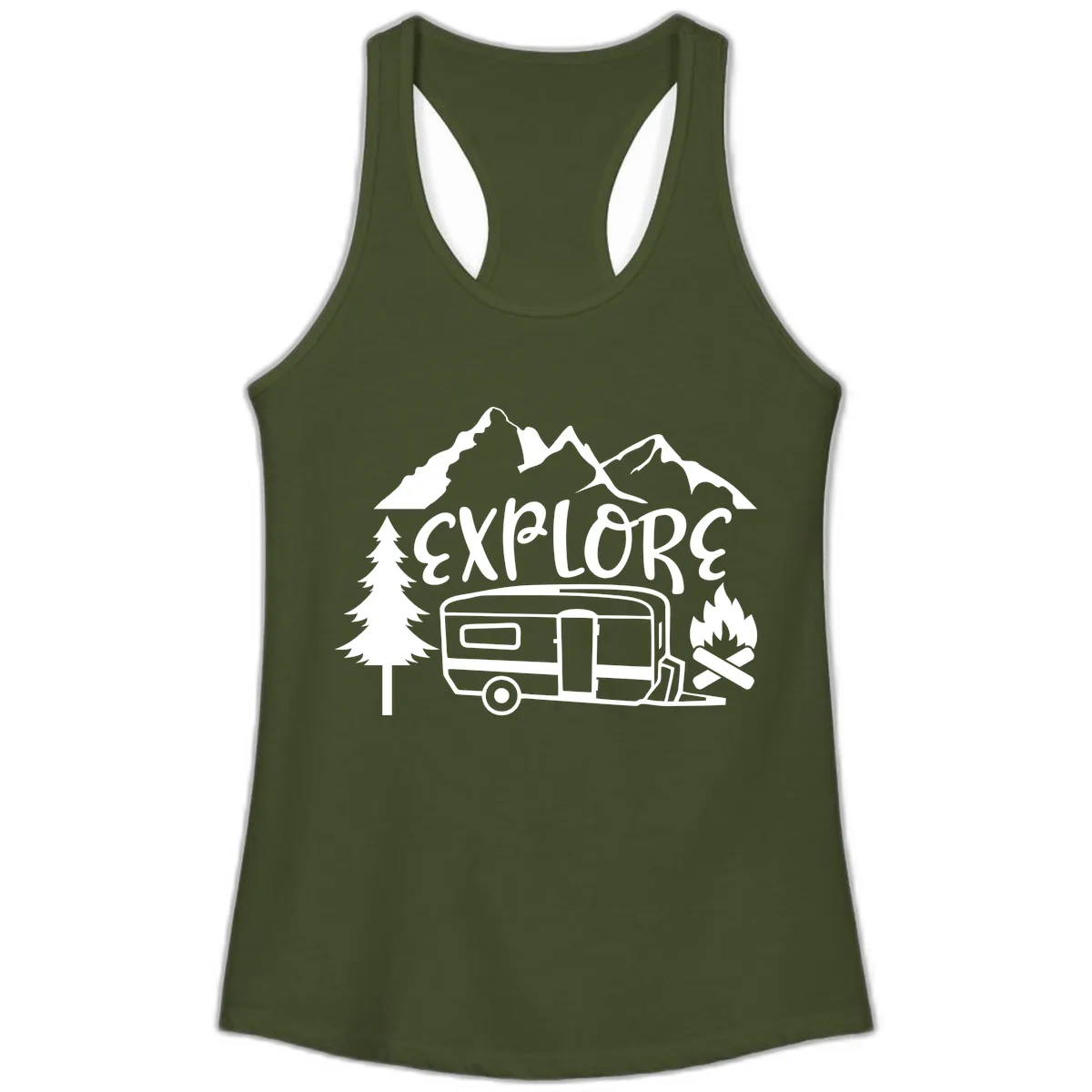 Explore The Campfire Adventure Ladies Tank in Solid Military Green