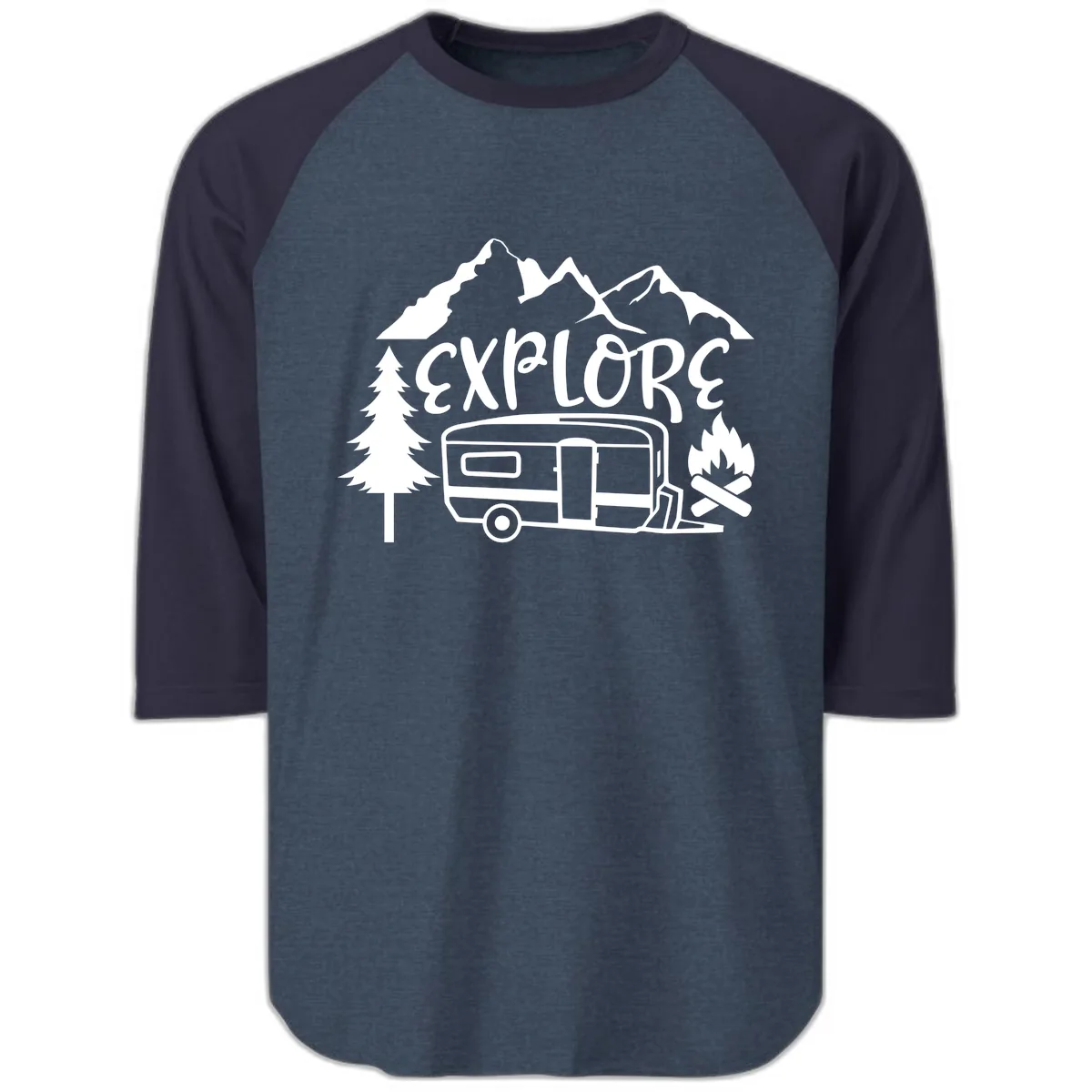 Explore The Campfire Adventure Raglan 3/4 in Heather Denim Navy