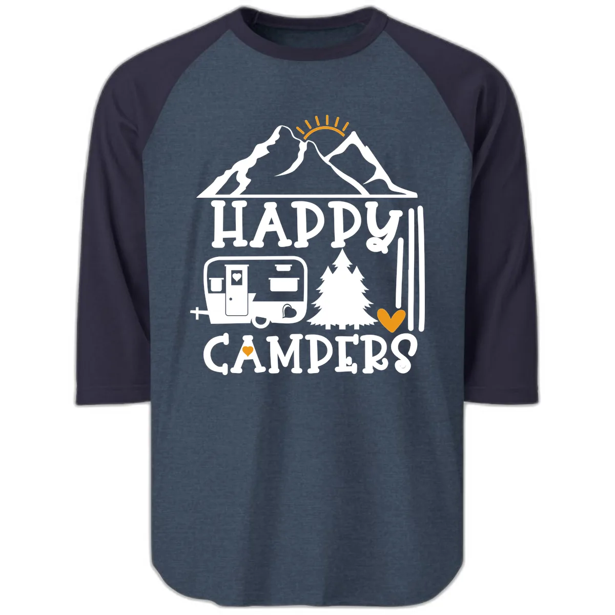 Happy Campers Mountain Retreat Raglan 3/4 in Heather Denim Navy