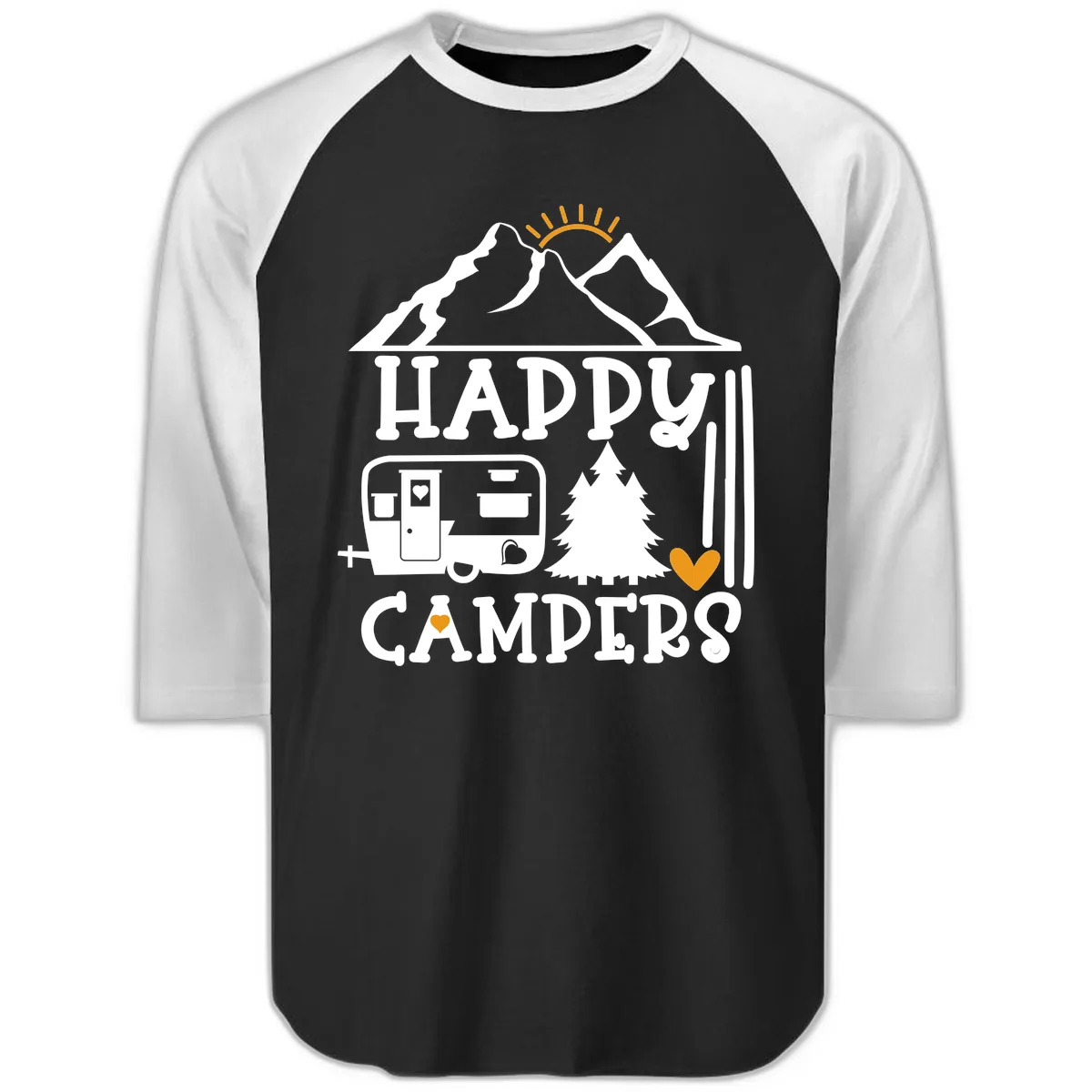 Happy Campers Mountain Retreat Raglan 3/4 in Black White