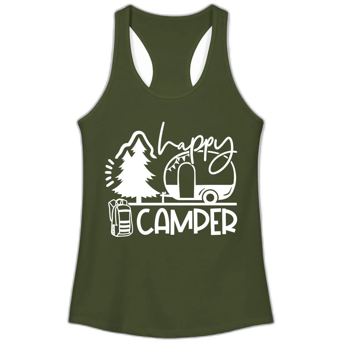 Happy Camper Adventure Ladies Tank in Solid Military Green