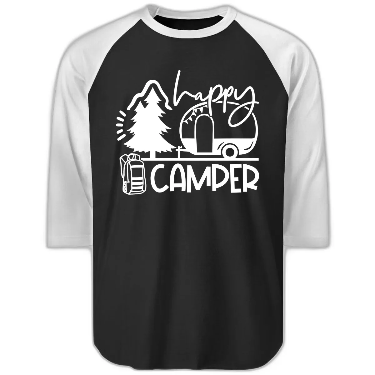 Happy Camper Adventure Raglan 3/4 in Black White