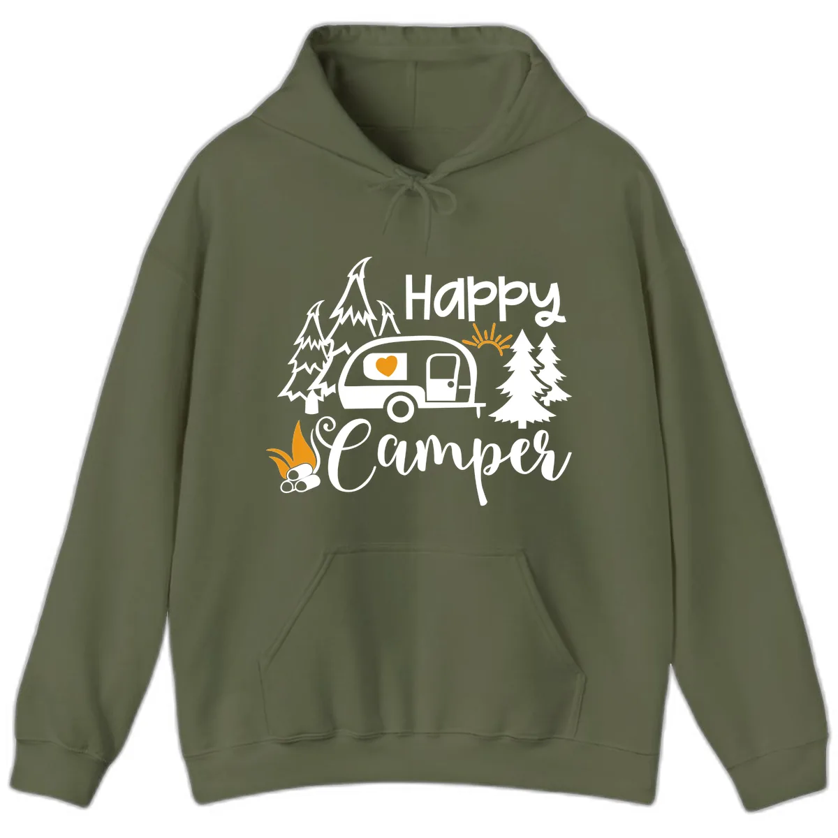 Happy Camper Trailer Life Hoodie in Military Green