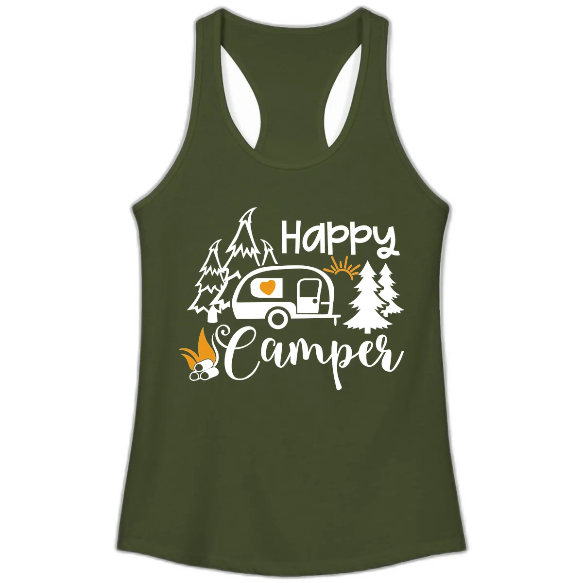 Happy Camper Trailer Life Ladies Tank in Solid Military Green