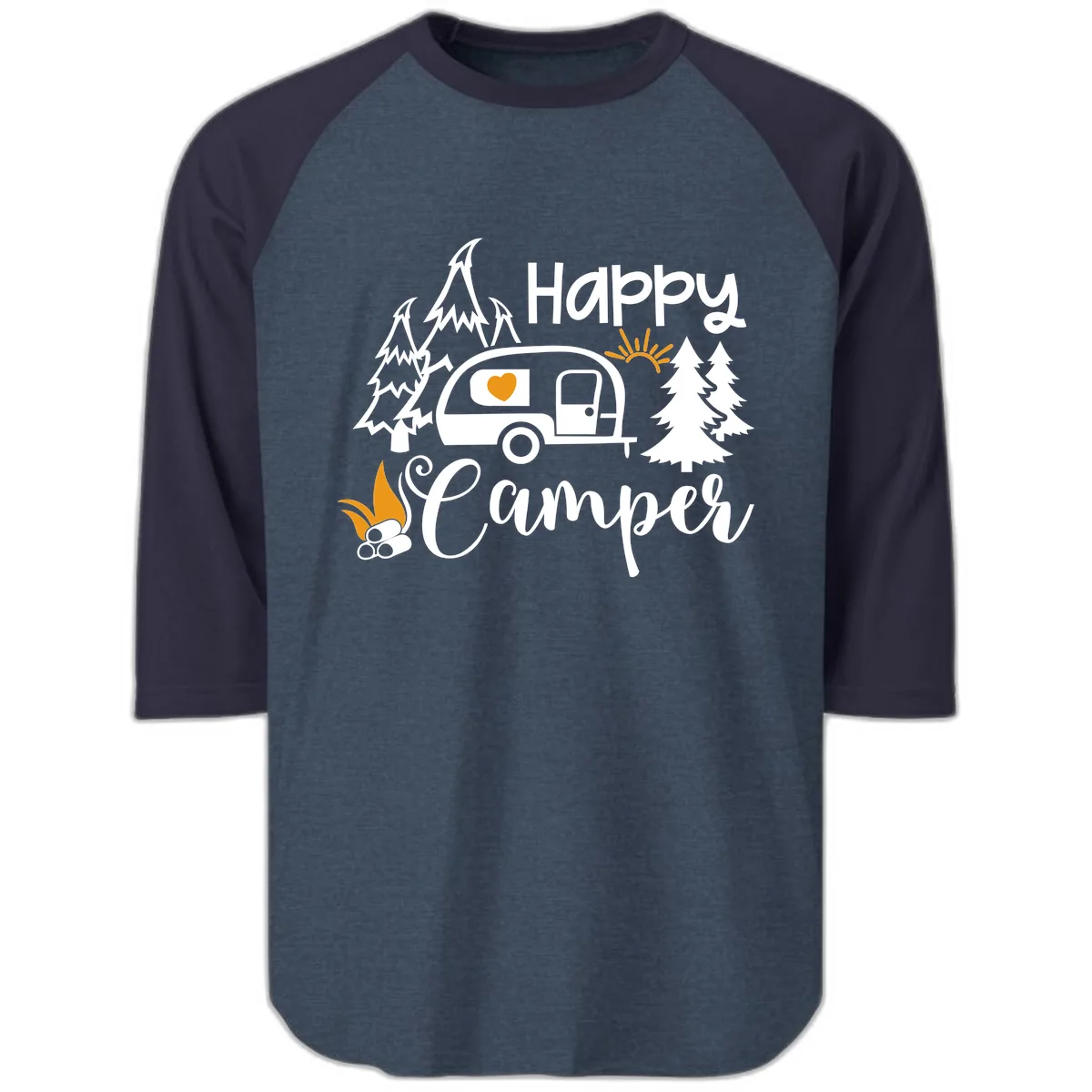Happy Camper Trailer Life Raglan 3/4 in Heather Denim Navy