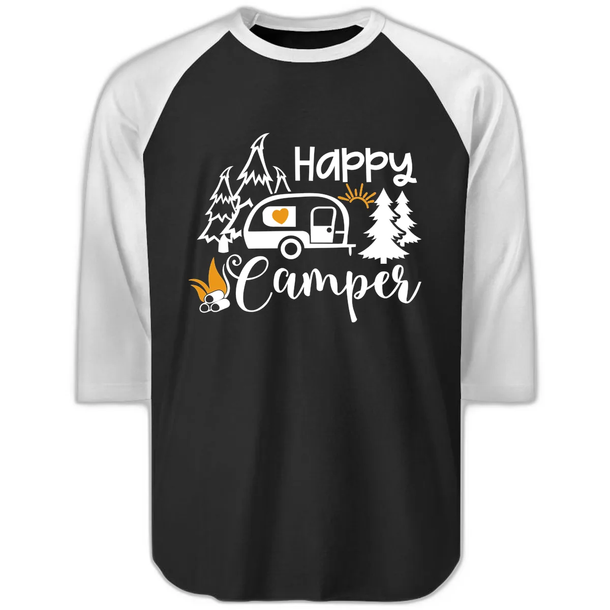 Happy Camper Trailer Life Raglan 3/4 in Black White