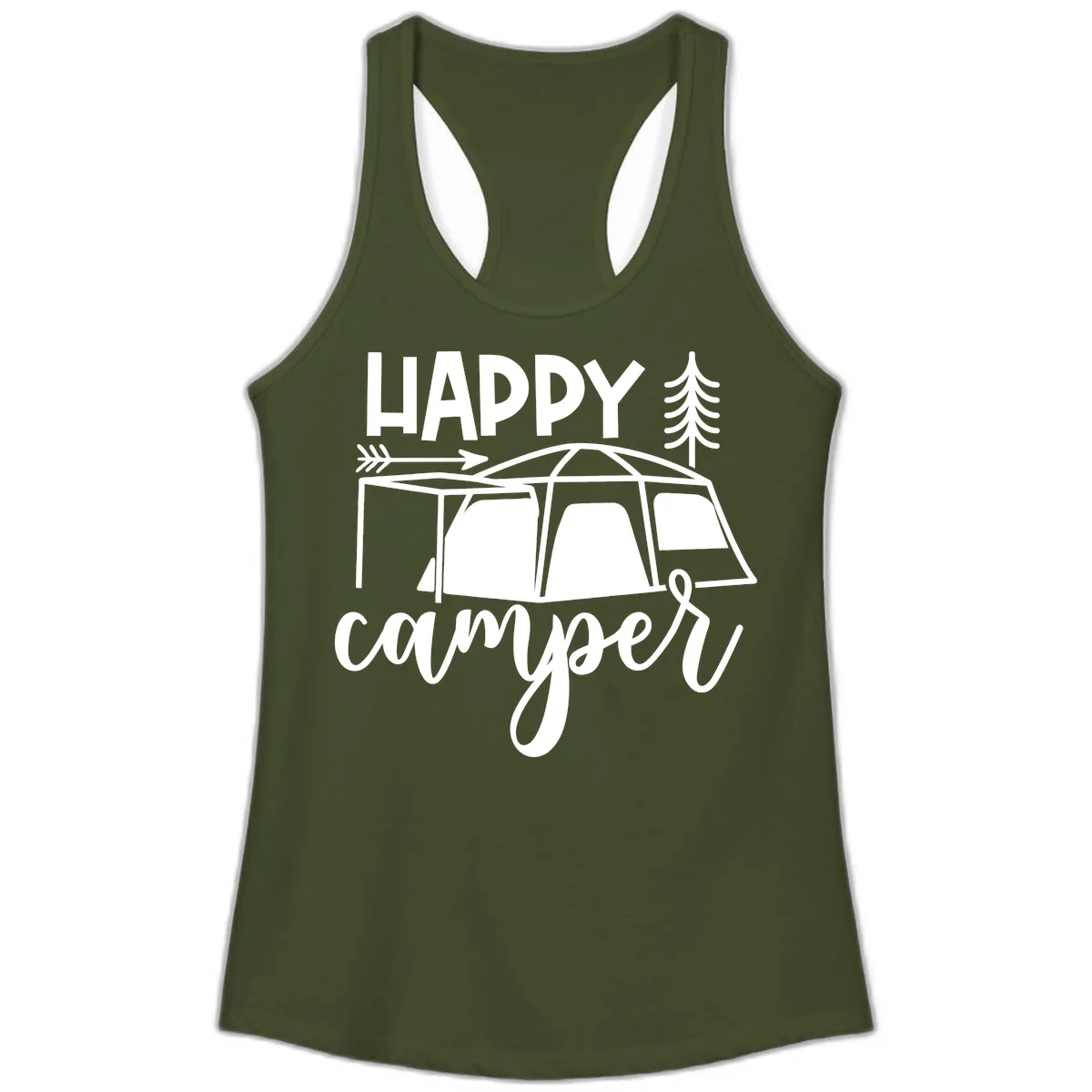 Happy Camper Ladies Tank in Solid Military Green