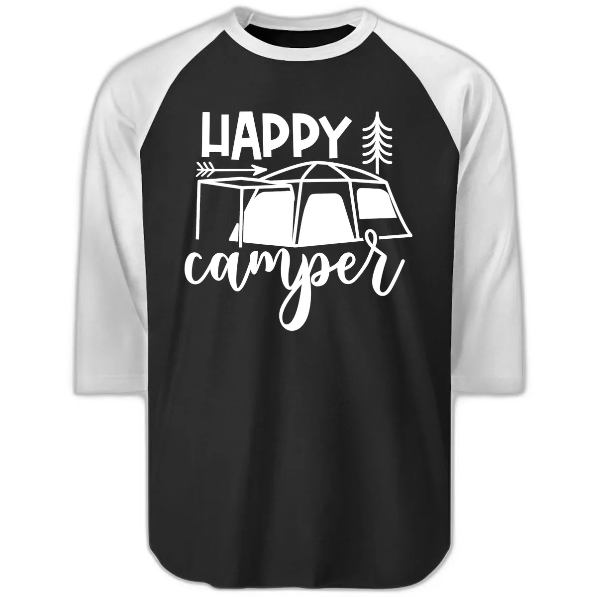 Happy Camper Raglan 3/4 in Black White
