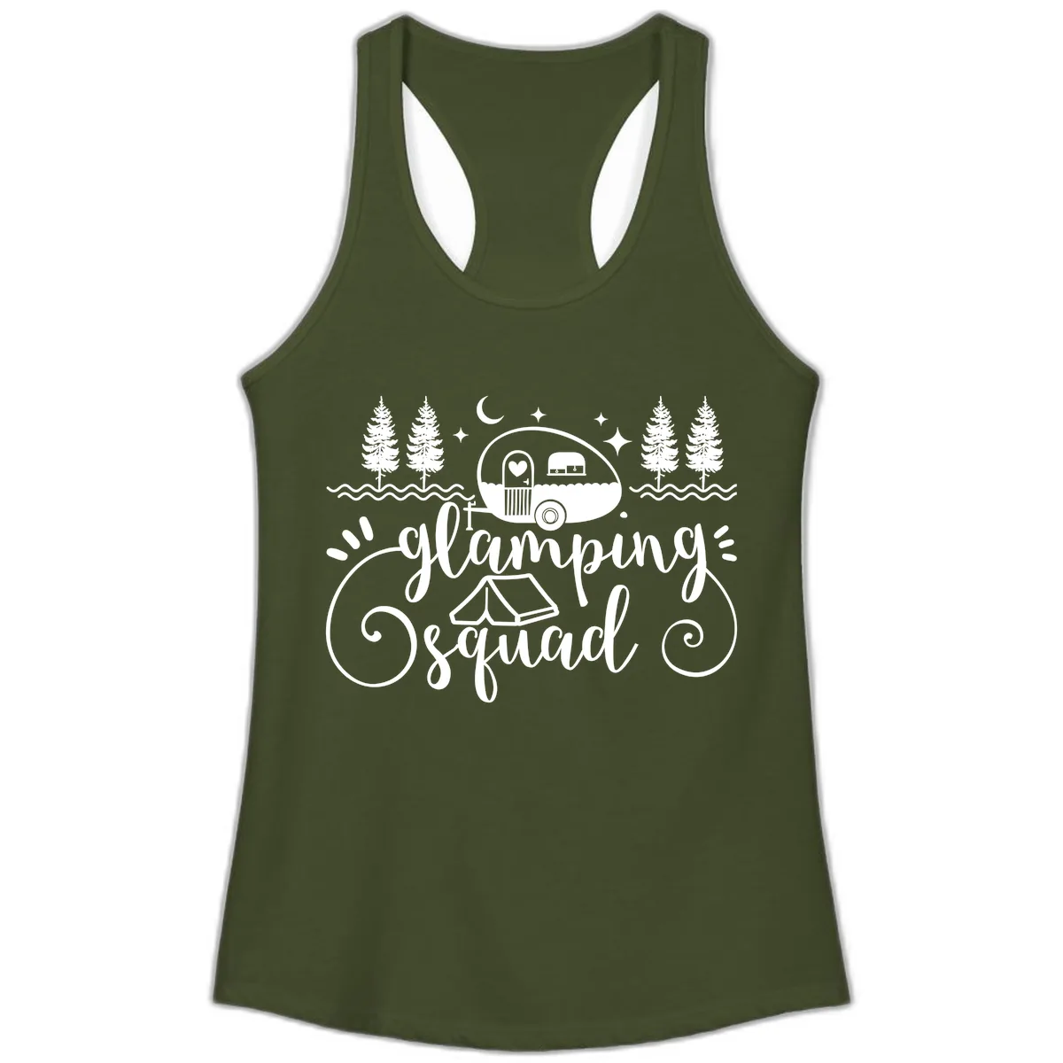 Glamping Squad Goals Ladies Tank in Solid Military Green