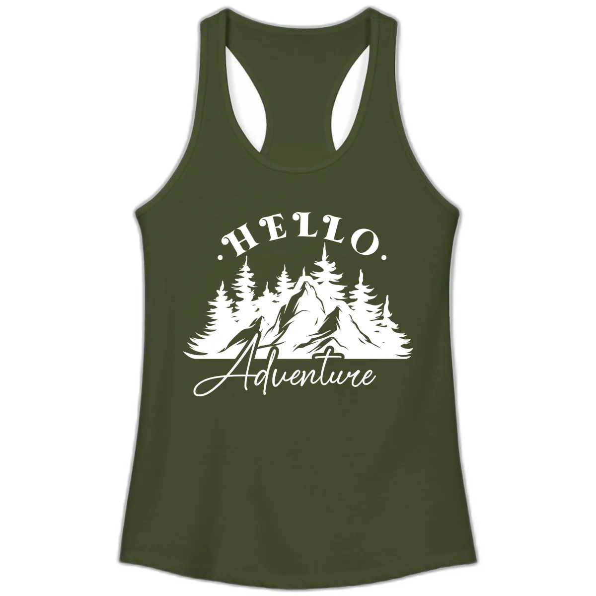 Hello Adventure Mountain Wilderness Ladies Tank in Solid Military Green