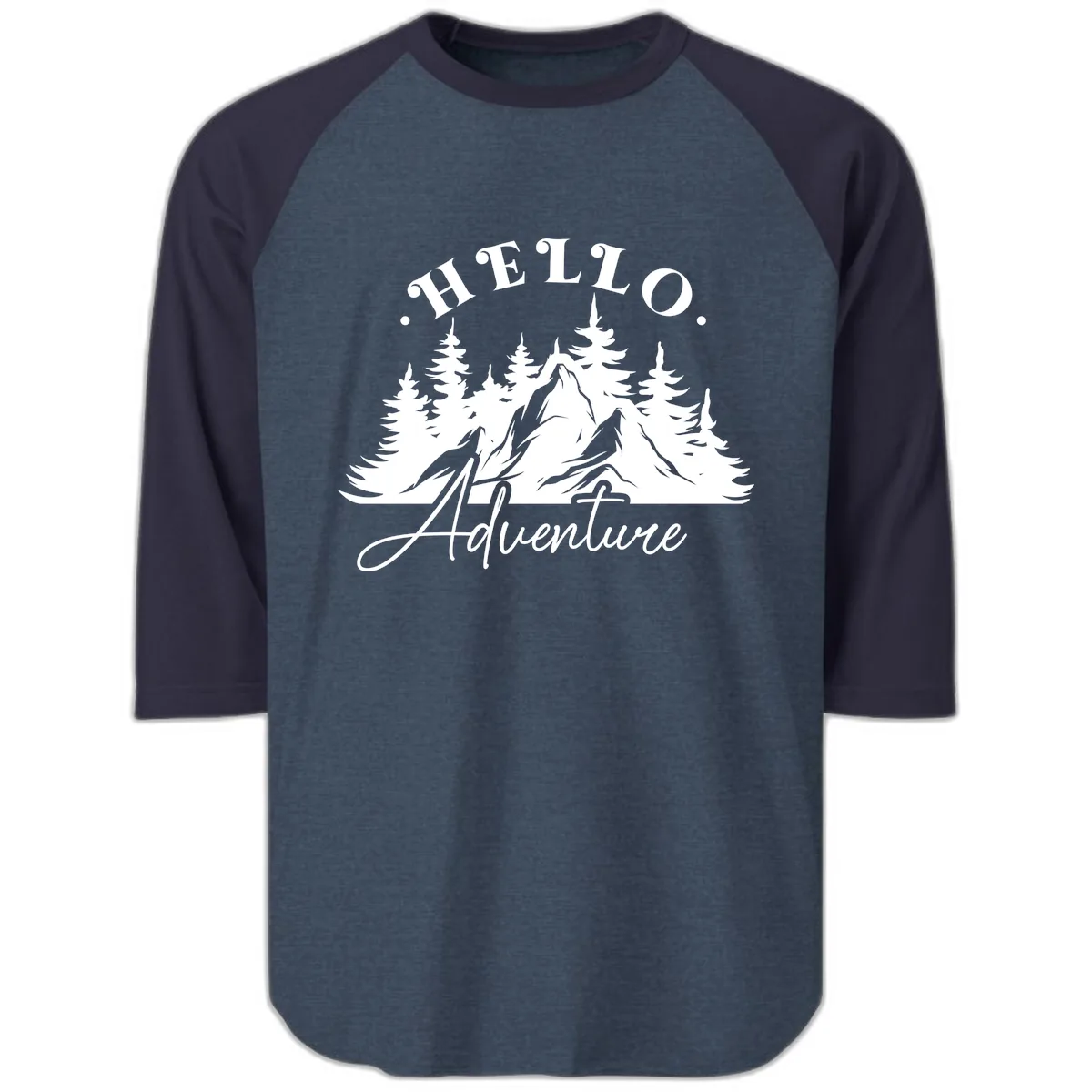 Hello Adventure Mountain Wilderness Raglan 3/4 in Heather Denim Navy