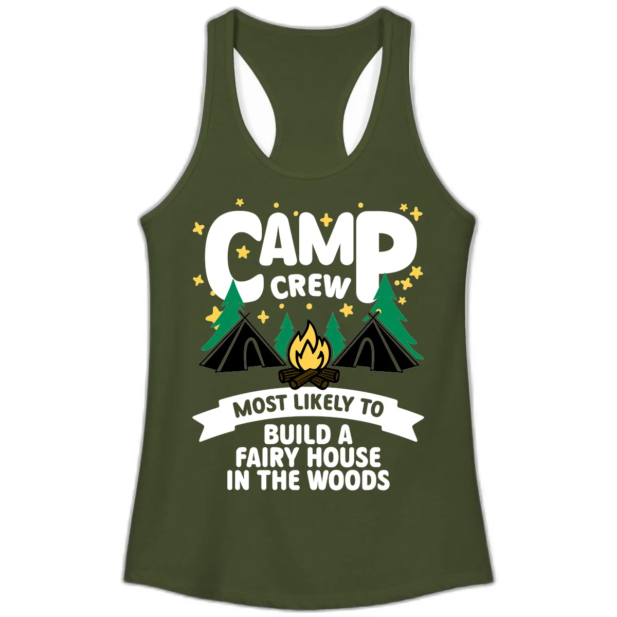 Camp Crew Fairy House Woods Ladies Tank in Solid Military Green
