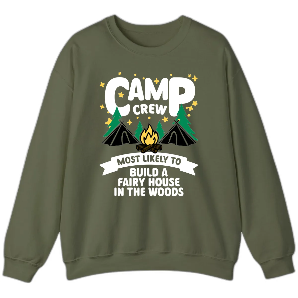 Camp Crew Fairy House Woods Sweatshirt in Military Green