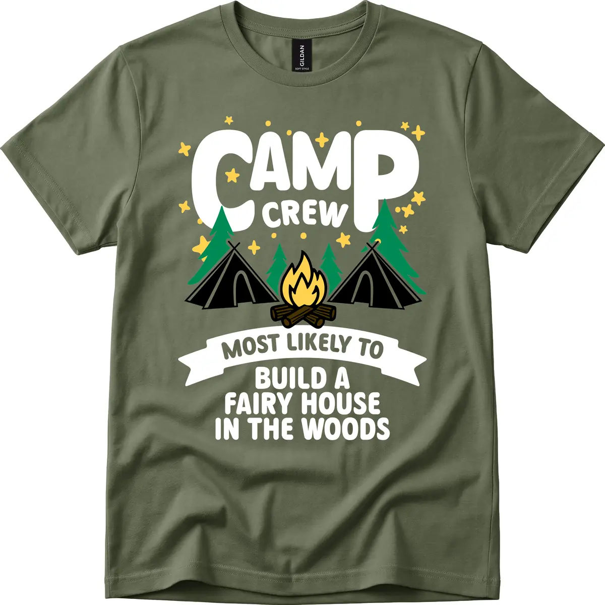 Camp Crew Fairy House Woods T-Shirt in Military Green