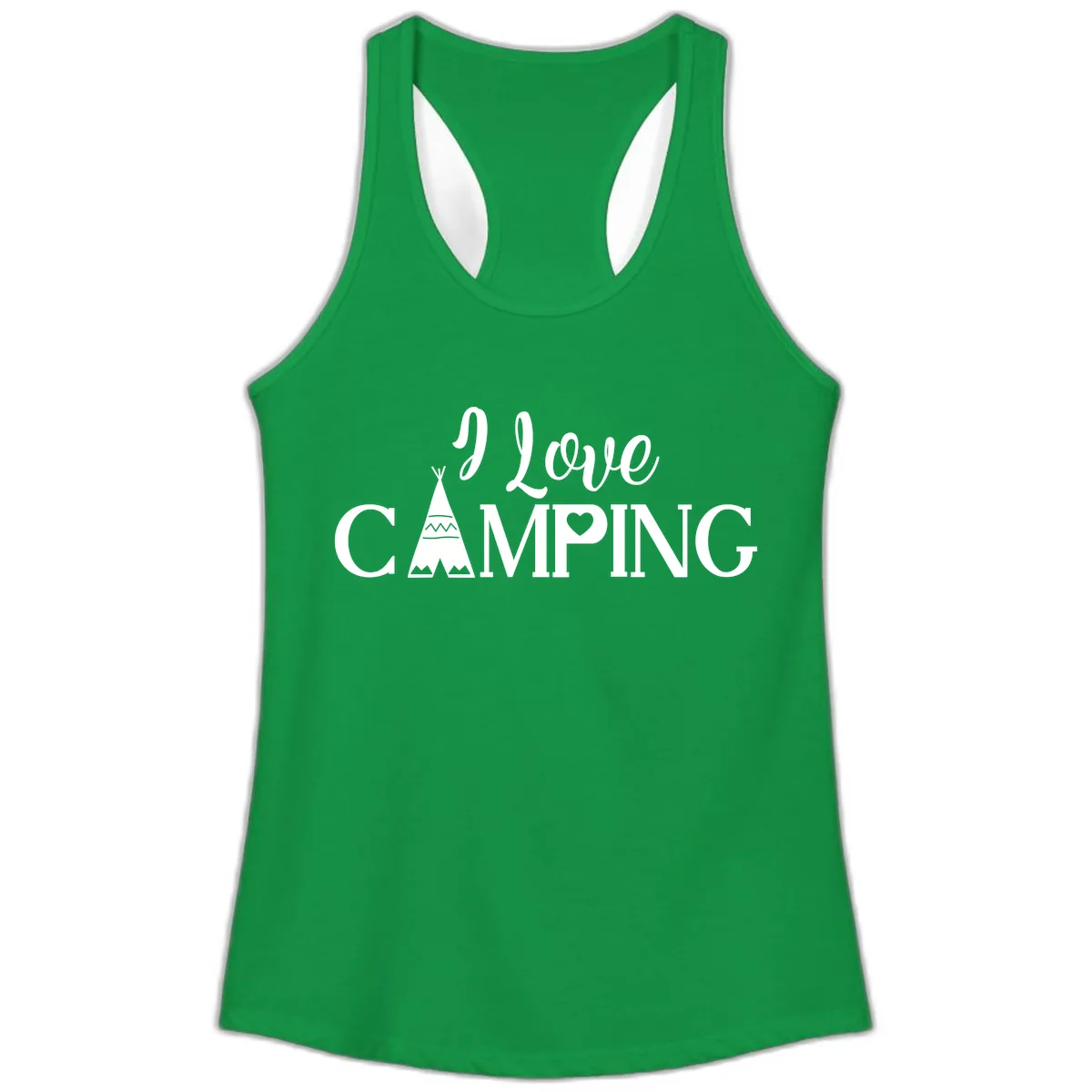 I Love Camping Teepee Ladies Tank in Solid Kelly Green