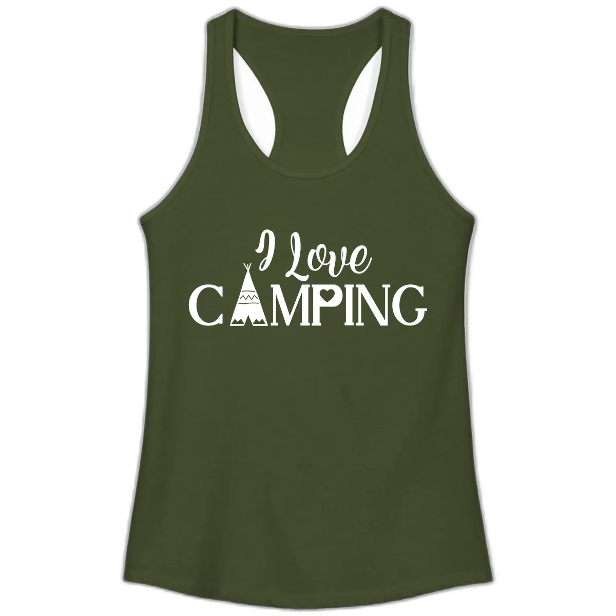 I Love Camping Teepee Ladies Tank in Solid Military Green