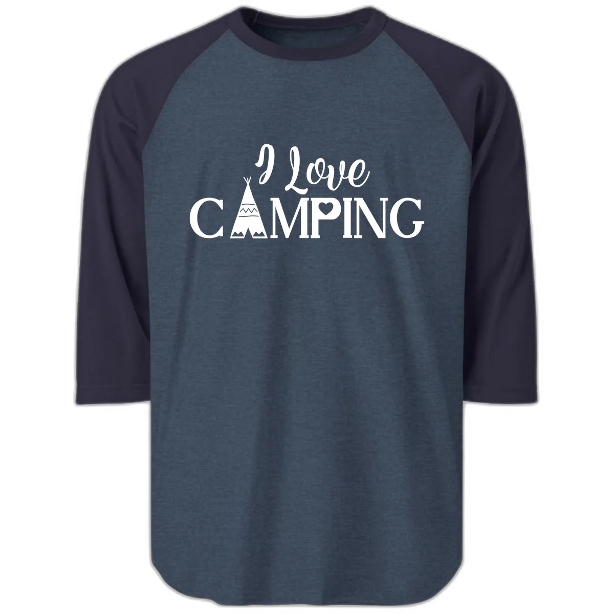I Love Camping Teepee Raglan 3/4 in Heather Denim Navy