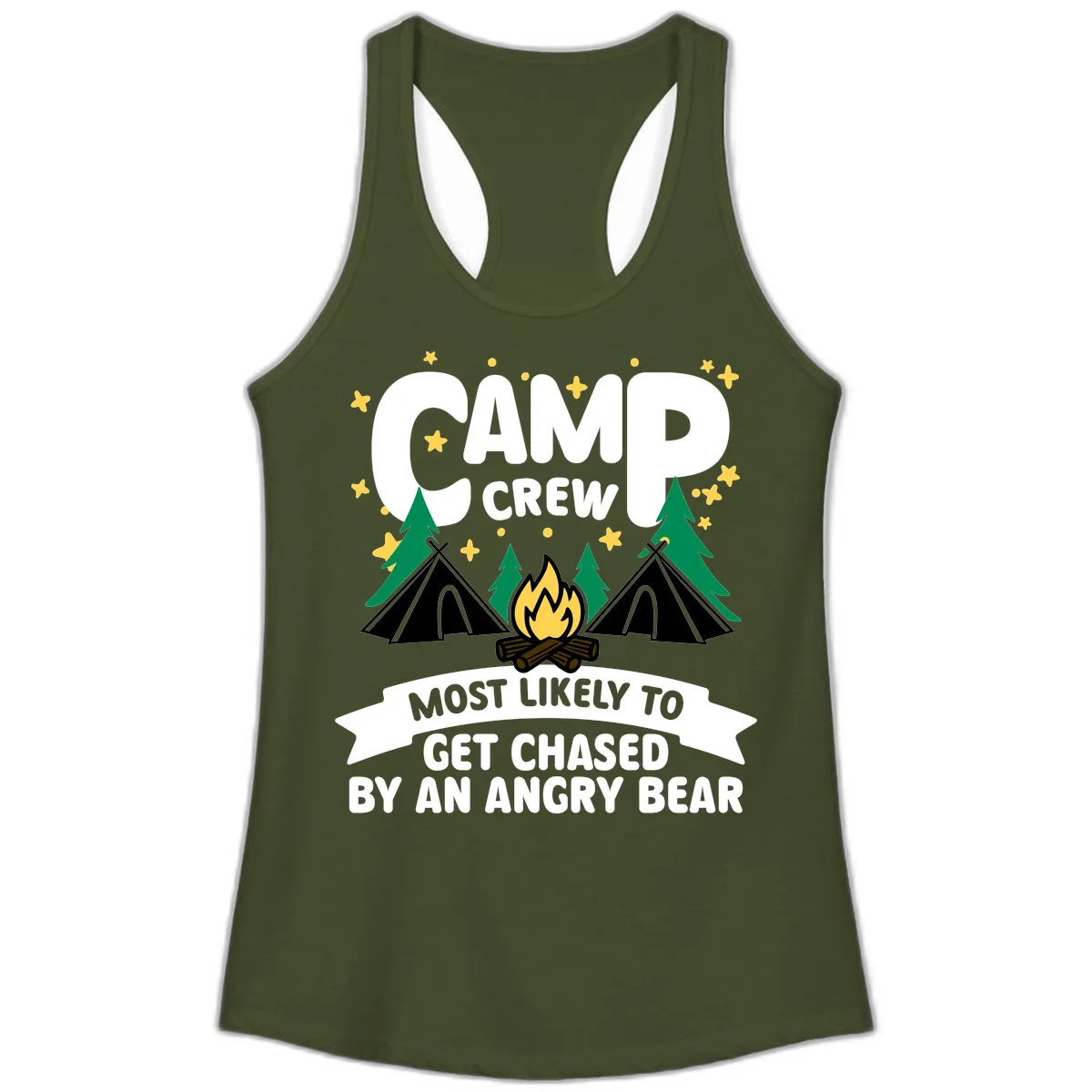 Camp Crew Most Likely Angry Bear Ladies Tank in Solid Military Green