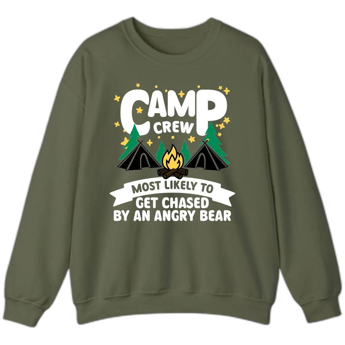 Camp Crew Most Likely Angry Bear Sweatshirt in Military Green