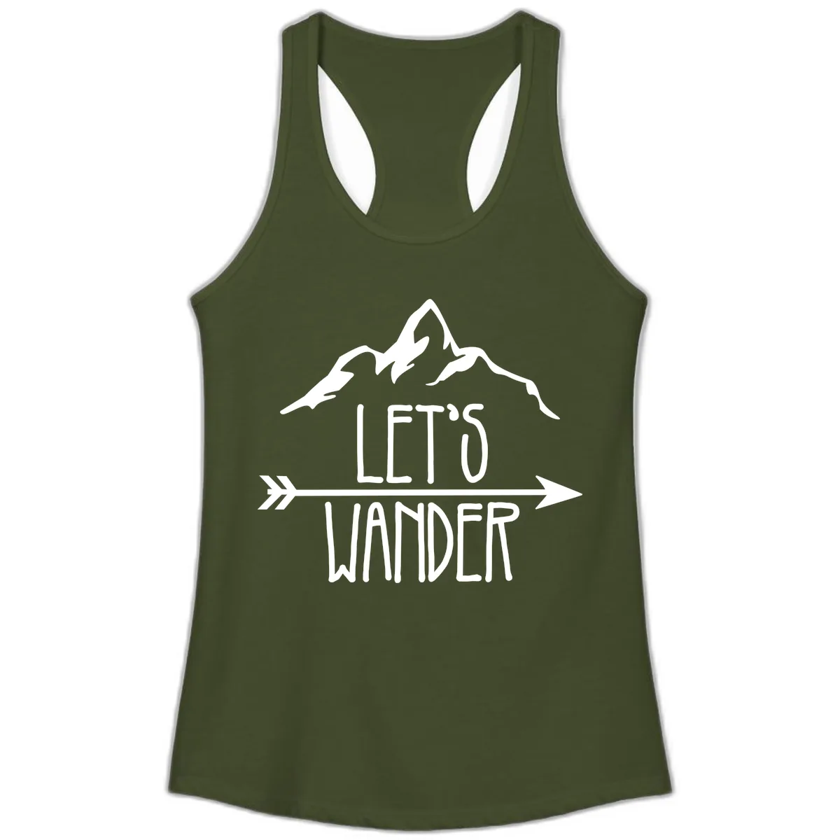 Let's Go Wander Mountain Arrow Ladies Tank in Solid Military Green