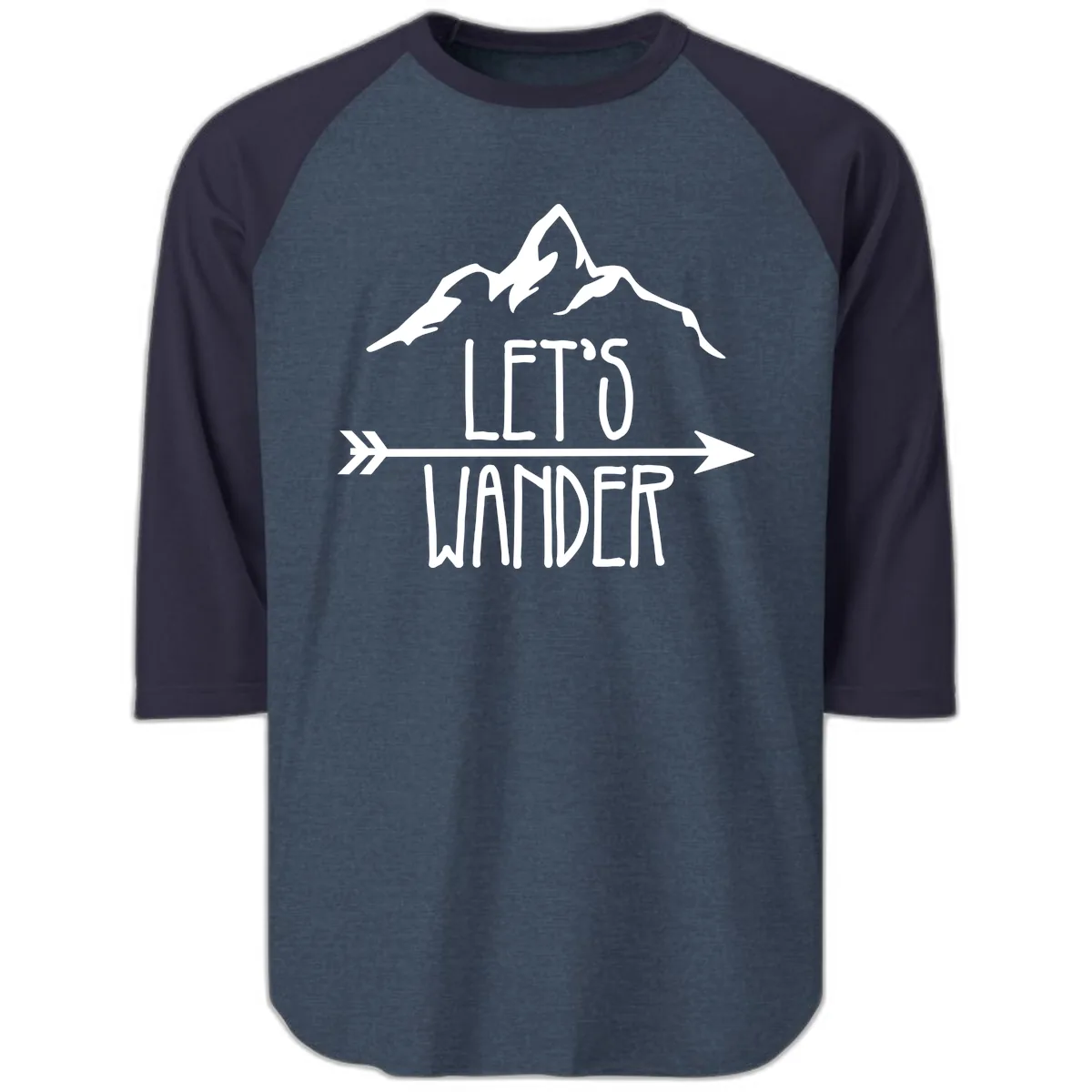 Let's Go Wander Mountain Arrow Raglan 3/4 in Heather Denim Navy