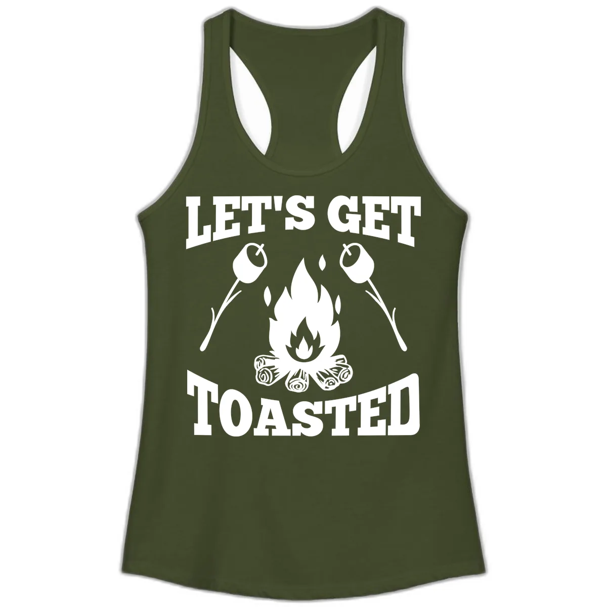 Let's Get Toasted Campfire Ladies Tank in Solid Military Green