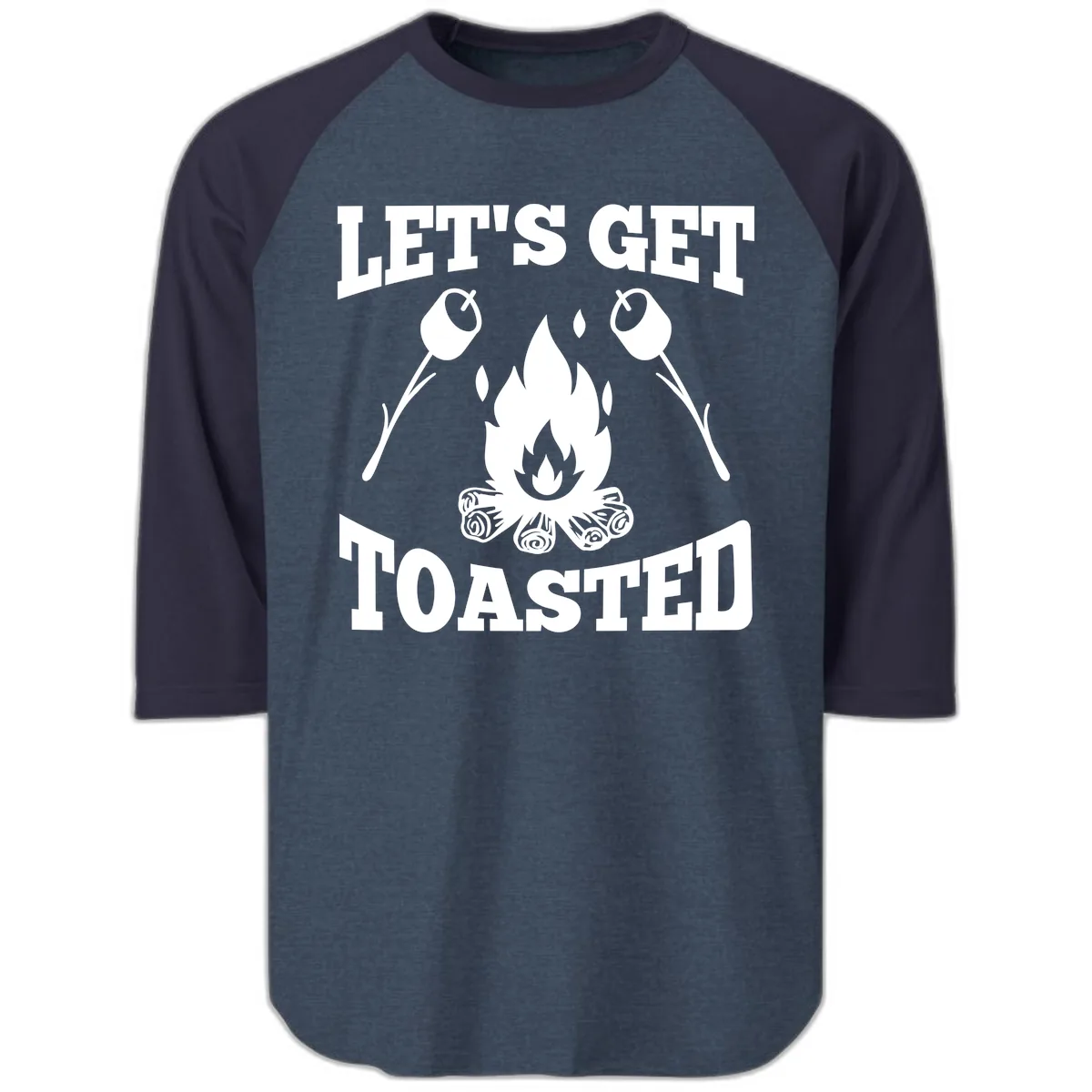 Let's Get Toasted Campfire Raglan 3/4 in Heather Denim Navy