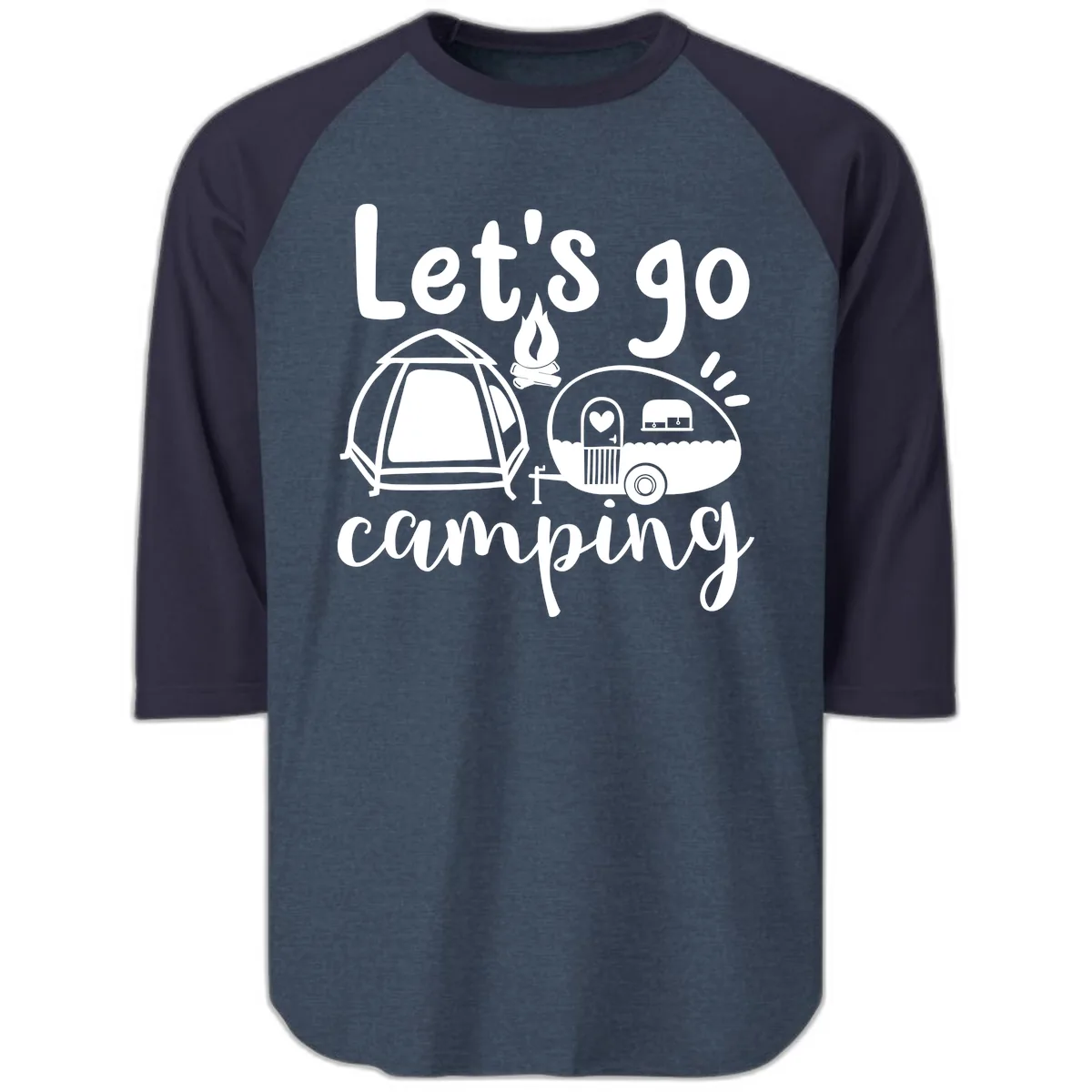 Let's Go Camping Raglan 3/4 in Heather Denim Navy