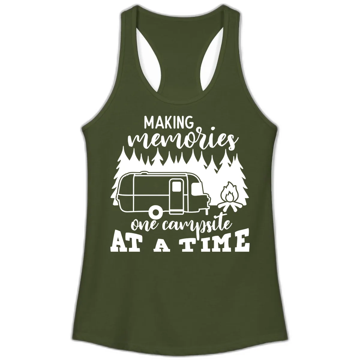 Making Memories One Campsite At A Time Ladies Tank in Solid Military Green