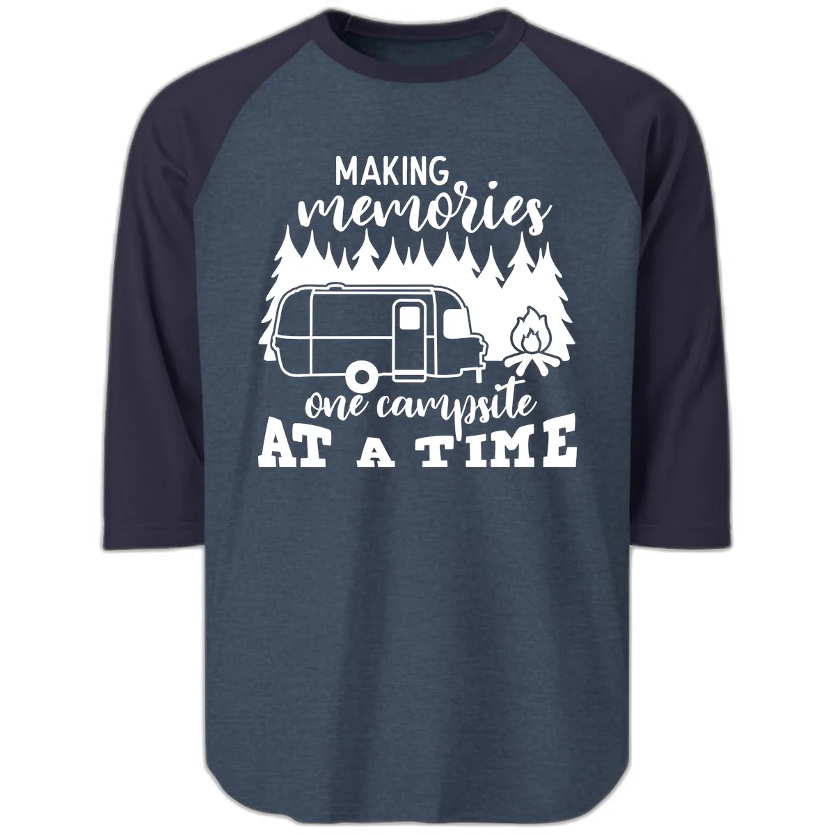 Making Memories One Campsite At A Time Raglan 3/4 in Heather Denim Navy