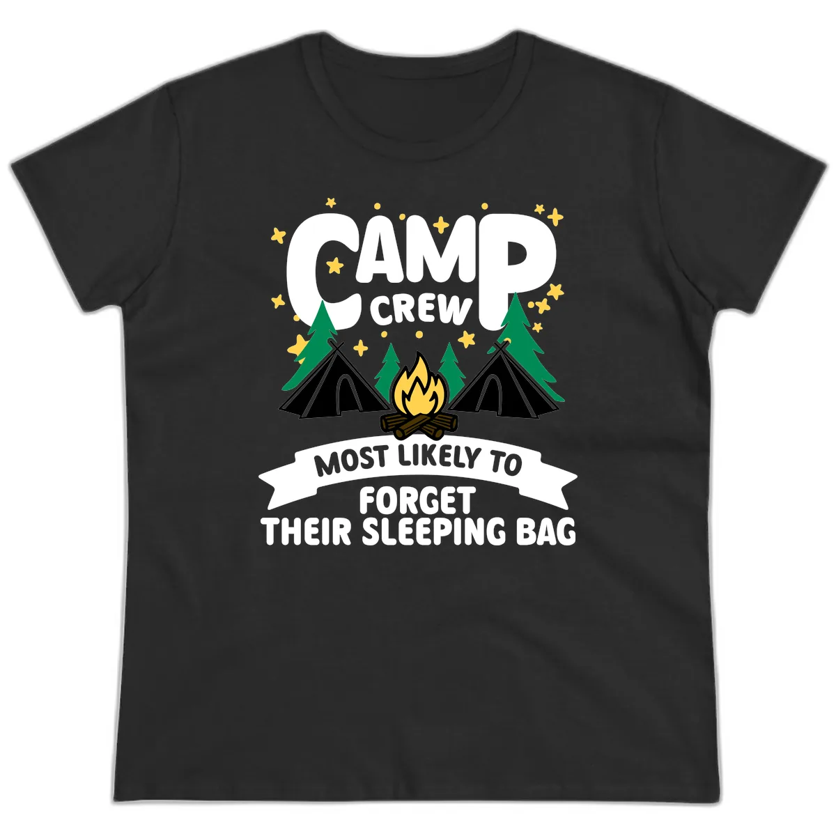 Camp Crew Most Likely To Forget Sleeping Bag Ladies Tee in Black