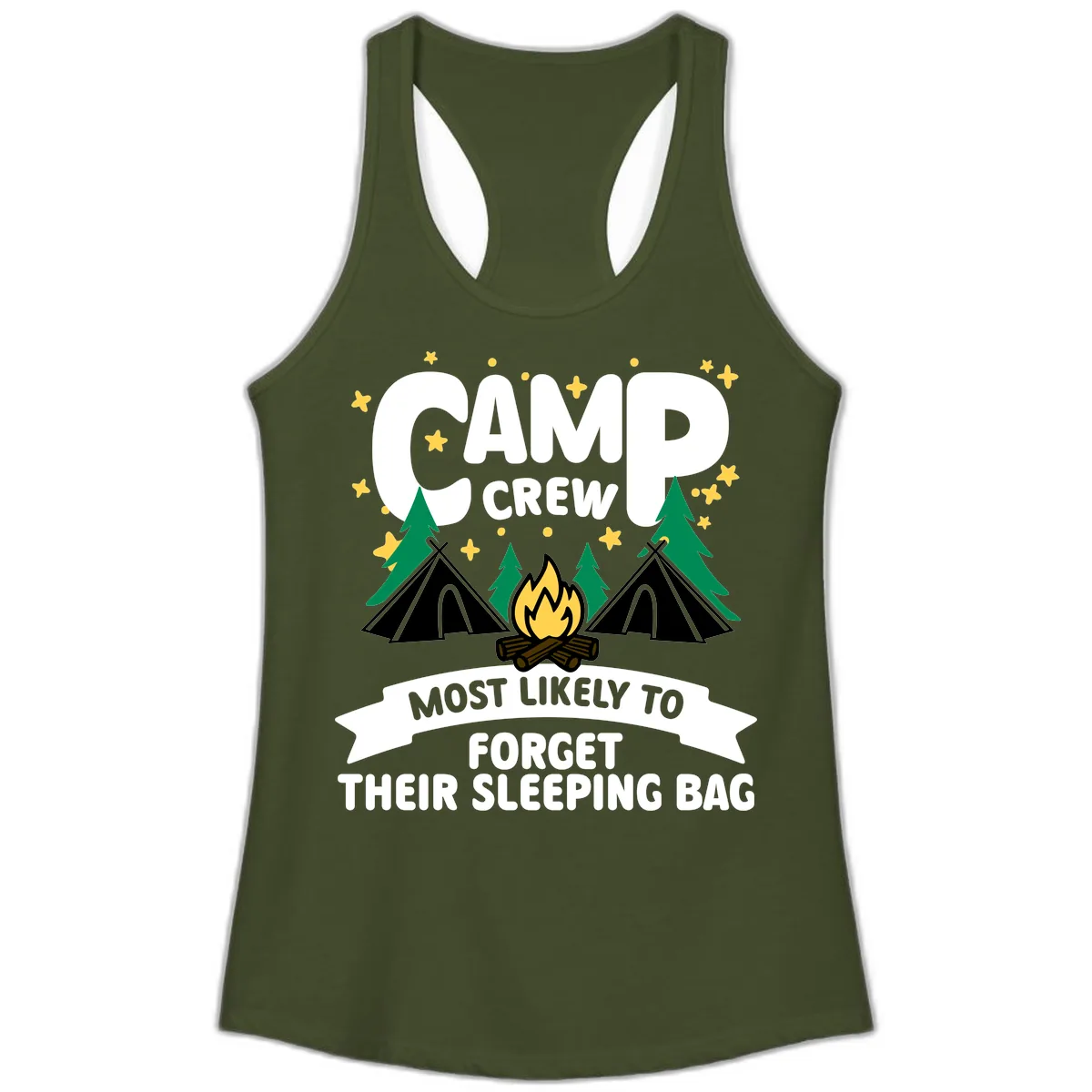 Camp Crew Most Likely To Forget Sleeping Bag Ladies Tank in Solid Military Green