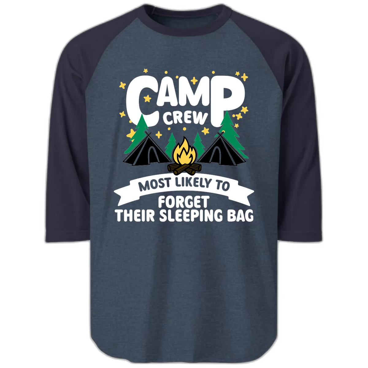 Camp Crew Most Likely To Forget Sleeping Bag Raglan 3/4 in Heather Denim Navy